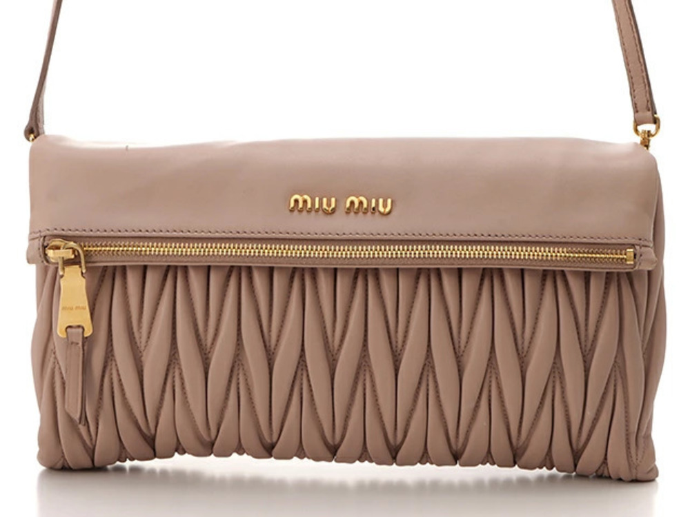 Miu Miu Matelasse Clutch Bag Shoulder Lambskin Leather Pink Beige Cream